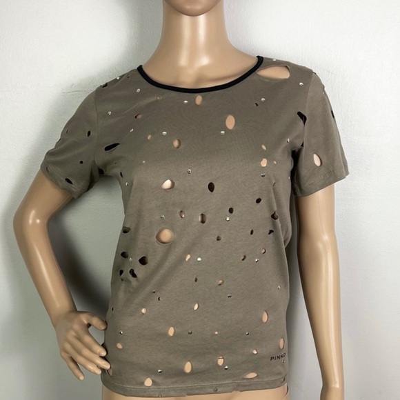 NEW PINKO BEIGE DISTRESSED SHORT SLEEVE T-SHIRT - Picture 2 of 7